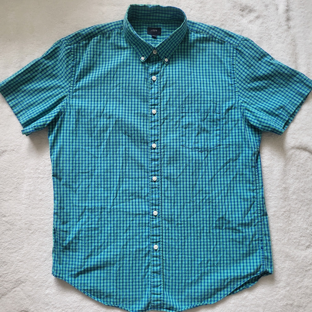J. Crew Men's Turquoise Green Checkered Button-Down Shirt Short Sleeve Size L